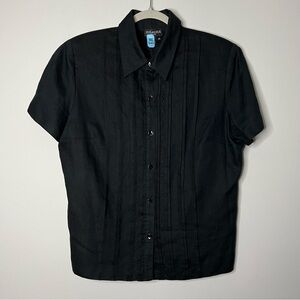 Women’s Due per Due black linen floral embroidered button down shirt size 14